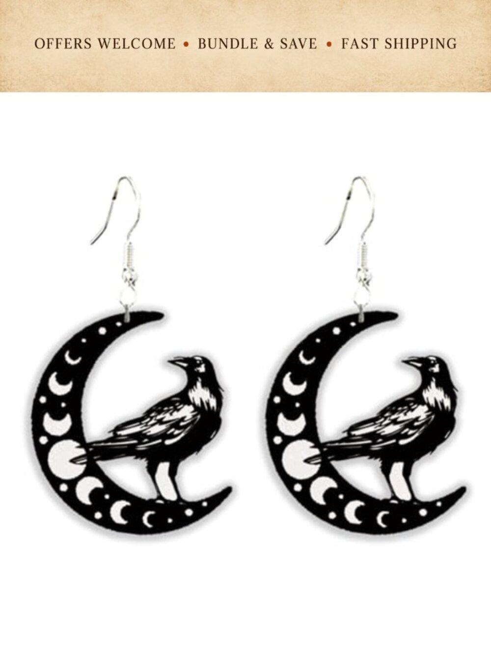 Wooden Halloween Dangle Earrings Moth Moon Crow Drop Goth